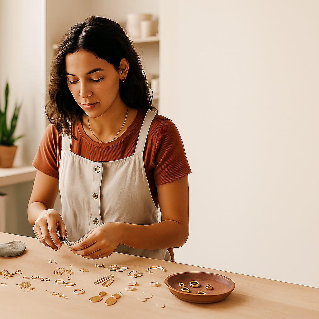 Independent creator making handmade jewelry in her studio